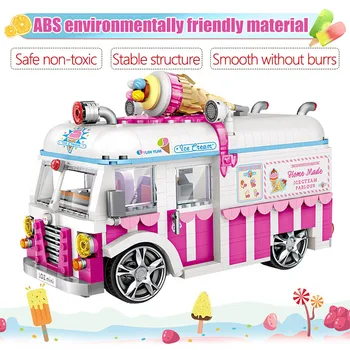 1244pcs Mini Ice Cream Van Rožinė Automobilių Blokai Tortas Autobusų Valgomasis Automobilių, Sunkvežimių Plytų Modelis Žaislai Vaikams Kūrėjas Draugais