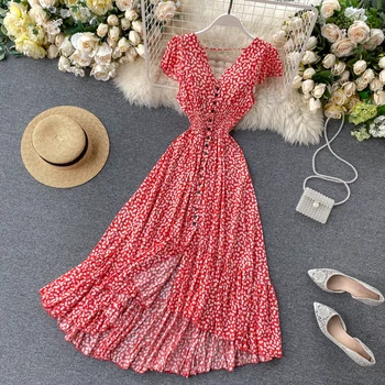 2020 metų vasaros naujas paplūdimio drabužiai šifono suknelė trumpomis rankovėmis priekiniai mygtukai spausdinimo gėlių suknelės moterų nereguliarus suknelė su atvira nugara