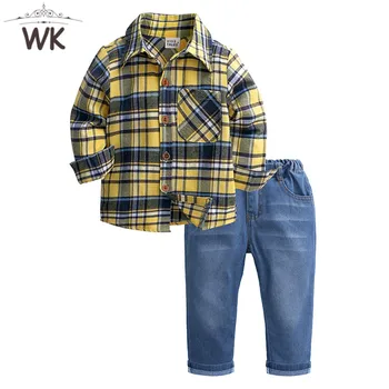 Berniukai Rudens drabužiai 1-6T vaikų drabužių rinkiniai mergaitėms ilgomis rankovėmis pledas marškiniai + džinsai mados džinsinio audinio kelnės berniukams kostiumas JT-356