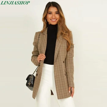 Derliaus stilingas pledas ilgomis rankovėmis moterims švarkai ir liemenės rudenį dvigubo breasted office lady outwear viršūnes laisvalaikio švarkas