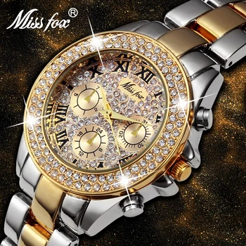 MISSFOX Moterų Kvarcinis Analoginis Žiūrėti Aukso Metalo Grupė Plumb Susiduria Su Deimantu, Originali Laikrodis Lady Mergaičių Suknelė Atsitiktinis Laikrodis