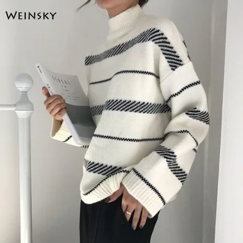Moterų Dryžuotas Megztas Megztinis Ir Puloveriai Korėjos Mados Stilius Derliaus Golfo Megztiniai 2019 M. Rudens Ir Žiemos Naujas Viršūnes