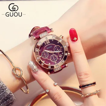 Moterų Laikrodžiai 2020 Naujas Stilingas GUOU Prabangos Prekės Ponios Kvarcinis Laikrodis, Odinė Watchband Atsitiktinis Tris Akis Gold Dial Valandą