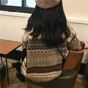 Moterų Vintage Megztinis ir Megztiniai Žiemos laisvo Stiliaus Dryžuotas Traukti Džemperiai korėjos Stiliaus Trikotažas Atsitiktinis Viršūnės