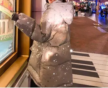 Naktį Atsispindi Liuminescencinės Snaigės Prarasti Duonos Žiemos Striukė Moterims Ukrainos Parko Manteau Femme Hiver Plus Size Ilgi Paltai