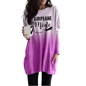 Naujas Atvykimo Į Lėktuvo Režimą Raides, Print T-Marškinėliai Moterims Gradientas Ilgos Rankovės Kišenėje T-Shirt Plius Dydis Viršuje Punk Off