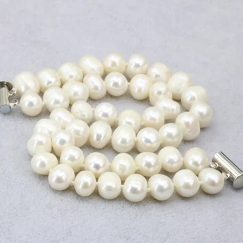 Pakabukai gamtos balti 8-9mm nearround perlų karoliukus, 2 kryptis eilių apyrankės & bangle moterims aukštos kokybės papuošalų 7.5 colių B3178