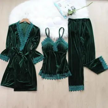 Pižama Kostiumas Moterų Veliūras Kimono Skraiste Suknelė 3PCS Sleepwear Rudens Žiemos Naujas Aksomo, naktiniai drabužiai Atsitiktinis Pižamą Nėrinių Apdaila Pižamos