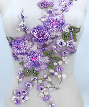 Siūti trimatis gėlių dėmės šviesiai violetinės spalvos nėriniai aplikacijos 48*30cm su ranka siuvimo akmenys suknelė 