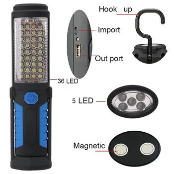 USB Įkraunamas LED Žibintuvėlis Fakelas Darbą Šviesos Stendas 36+5LED Nešiojamų Žibintų Fotoblykstės Lauko Su Magnetas, Kablys