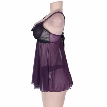 Violetinė dirželis v kaklo sexy nėrinių naktį trikotažo suknelė ir juosmenėlės, 2 vnt. moteriškų vasaros nightgowns plius dydžio naktiniai marškiniai RW80274