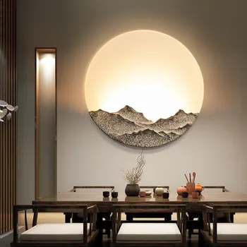 Šiuolaikinės Kinų Stiliaus Akrilo Mėnulis Sienos Sconce su Anti-Rust Geležies Kalnas Apdailos RGB LED Siena Lempos, Miegamojo, Naktiniai staleliai, Lempa