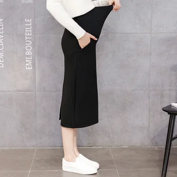 Žiemą reguliuojamas aukšto juosmens vientisos spalvos motinystės vidurio blauzdos sijonas su šoninių kišenių nėščioms moterims korėjos stiliaus medvilnės sijonai